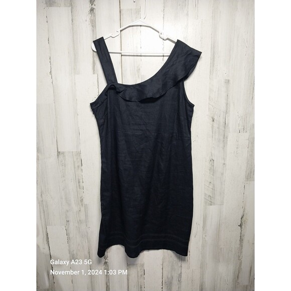 Foil One Shoulder Tiered Ruffle 100% Linen Mini Dress Size 12 Navy Blue - Picture 1 of 7